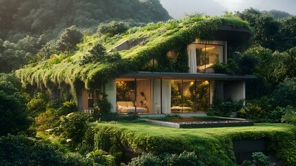 Poster - An eco-friendly home with a green roof covered in plants, integrating natural beauty with sustainable architecture. Cinematic Scene, 4k resolution, cinematic scene
