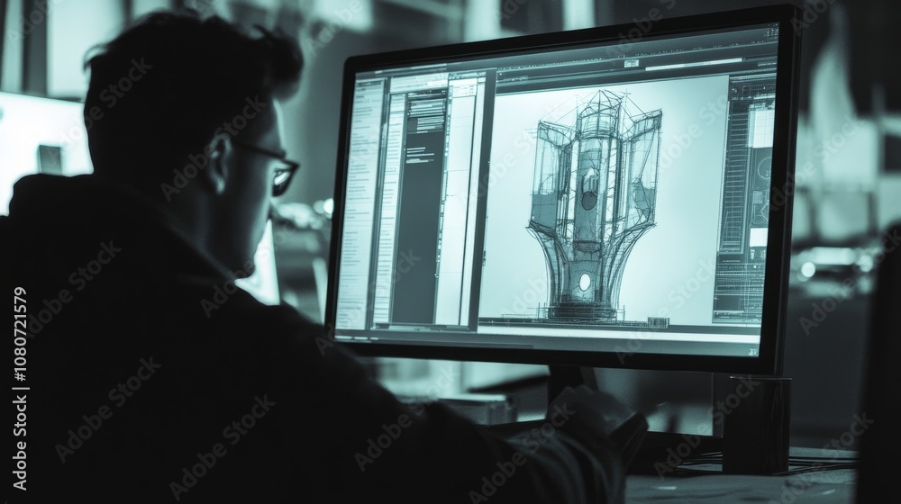 Engineer working late on a 3D CAD model, with detailed digital designs ...