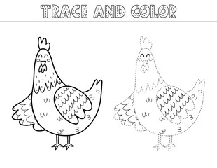 Wall Mural - Trace and color black and white game for kids with a cute hen. Activity page in outline with a funny farm character. Great for coloring book. Vector illustration