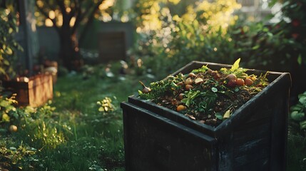 Poster - A compost bin in a backyard garden, filled with vegetable scraps and green waste, highlighting sustainable waste management. Cinematic Scene, 4k resolution, cinematic scene