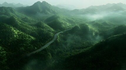 Poster - An aerial view of a winding mountain road cutting through dense green forests, with sharp curves adding to the dramatic symmetry. No text, no logo, wide angle shot, Cinematic Scene, 4k resolution,