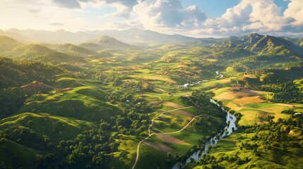 Aufkleber - A picturesque valley with rolling hills and a patchwork of farmlands, divided symmetrically by winding rivers and tree-lined roads. No text, no logo, wide angle shot, Cinematic Scene, 4k resolution,