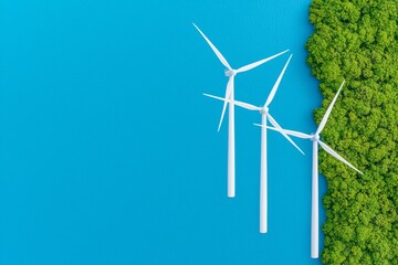 Wall Mural - View from the air of a wind turbine farm field in Finland, surrounded by the blue sea.