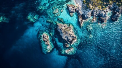 Poster - An aerial shot of a pristine coral reef surrounding a small island, with vibrant blue waters creating a natural, dreamlike setting. No text, no logo, wide angle shot, Cinematic Scene, 4k resolution,