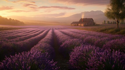 Wall Mural - A dreamy lavender field with rows of purple flowers and a rustic farmhouse in the distance, under a clear, expansive sky. No text, no logo, wide angle shot, Cinematic Scene, 4k resolution, cinematic