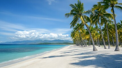 Poster - A panoramic beach view with palm trees lining a pristine white shore, stretching symmetrically along the turquoise coastline. No text, no logo, wide angle shot, Cinematic Scene, 4k resolution,