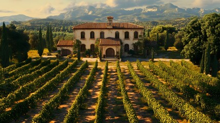 Poster - A high perspective of a rustic villa in a vineyard, with symmetrical rows of grapevines stretching toward the horizon. No text, no logo, wide angle shot, Cinematic Scene, 4k resolution, cinematic