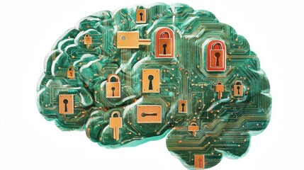 Poster - Digital brain concept with locks symbolizing cybersecurity and data protection.