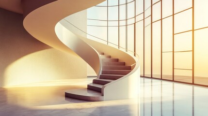 Poster - Modern spiral staircase in a contemporary building with large windows and sunset light.
