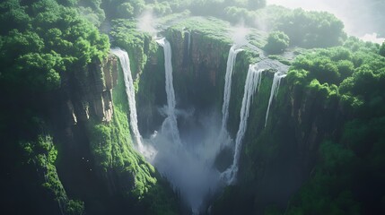 Poster - A high perspective of a stunning waterfall cascading down a lush green cliff, with mist rising in a perfectly symmetrical pattern. No text, no logo, wide angle shot, Cinematic Scene, 4k resolution,