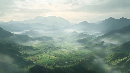 Poster - A panoramic view of a peaceful valley with symmetrical patches of farmland, surrounded by mist-covered mountains in a dreamlike setting. No text, no logo, wide angle shot, Cinematic Scene, 4k