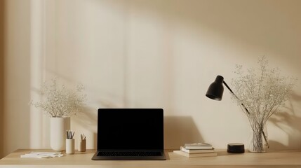 Poster - A minimalist workspace with a laptop, desk lamp, and flowers in vases on a wooden desk against a beige wall with light streaming through a window.