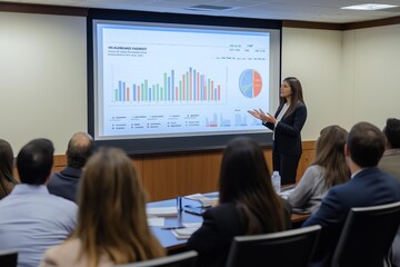 Poster - This is a business presentation that utilizes effective data visualization techniques in a dedicated conference room setting, aimed at enhancing communication and collaboration among attendees
