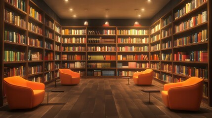 Aufkleber - A library with shelves filled with colorful, neatly arranged books in a cozy, dimly lit room. Concept: Knowledge and learning.