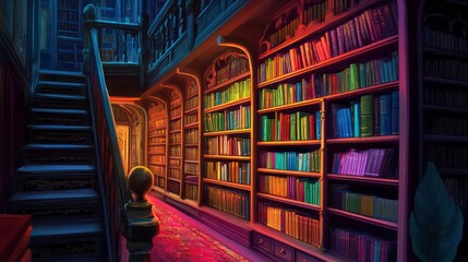 Aufkleber - A dimly lit library with tall bookshelves filled with books, a staircase leading to an upper floor, and a person standing at the bottom of the stairs.