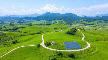 Wall Mural - In this drone view, a sustainable energy wind farm is seen amongst a massive solar farm on a green hillside, windmill turbines in the mountains and a stunning blue sky in the background