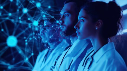 Aufkleber - Three medical professionals look intently at a digital network.