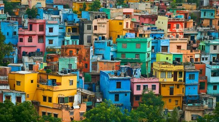 Colorful view of vibrant houses stacked together, showcasing unique architecture in a lively urban environment.