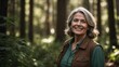 © KraPhoto - Cheerful Mature Woman in Green Shirt and Brown Vest Enjoying Nature in a Sunlit Forest