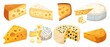 © COK House - Image shows diverse cheeses on white background: Edam, Camembert, Gouda, Maasdam, Brie, Parmesan, blue cheese. Mix of whole, cut pieces. Variety in size, shape, texture.