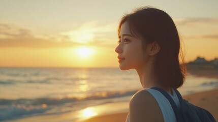 Poster - A woman is standing on the beach, looking out at the ocean