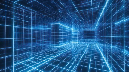 Fototapete - Abstract glowing blue lines forming a grid pattern in a futuristic 3D space.