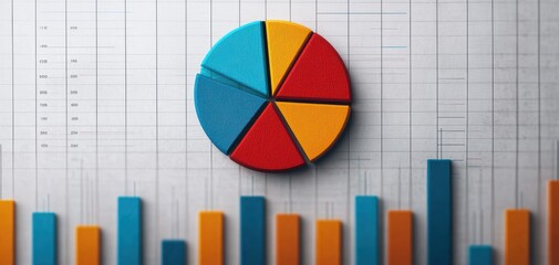 Leinwandbilder - Quality management  continuous improvement concept. A colorful pie chart overlays a grid background, complemented by vertical bar graphs, representing data visualization and analysis.