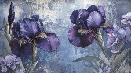 Wall Mural - Irises in deep purple midnight blue textured backdrop wallpaper