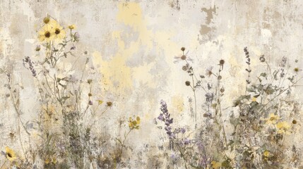 Wall Mural - Pale yellow wildflowers on grunge artistic textured wallpaper