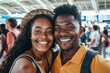 © Markus Schröder - Portrait of a glad multiethnic couple in their 30s wearing a breathable golf polo isolated in busy airport terminal