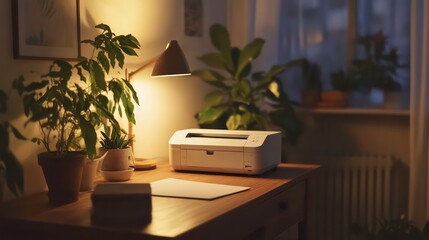 Poster - A cozy home office workspace featuring a printer on a wooden desk with a lamp and plants, illuminated by soft light during the evening hours