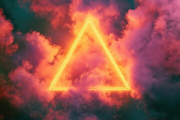 Poster - Neon triangle glowing in colorful clouds, vibrant hues of orange and pink, surreal atmosphere, digital art
