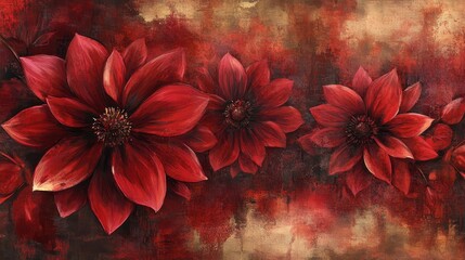 Wall Mural - Dramatic burgundy dahlias textured grunge with subtle light effects