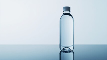Poster - Transparent plastic water bottle standing on a reflective glass surface with a simple light blue background, creating a clean and refreshing image