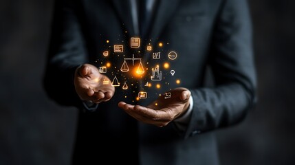 Man in a suit holds out his hand with icons, Technology hologram digital icon on businessman hand
