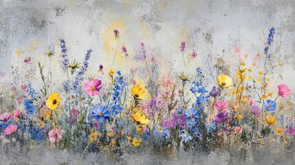 Wall Mural - Bright wildflowers playful petals on rough weathered grunge