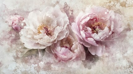 Wall Mural - Serene peonies soft pastels blending into lightly weathered grunge