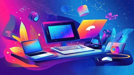 Fototapete - A futuristic desk with a desktop computer, laptop, and other devices.