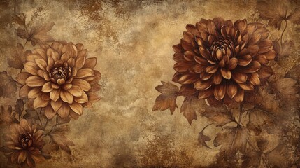 Wall Mural - Chrysanthemums in gold and maroon sepia vintage background wallpaper