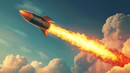 Poster - A retro-style rocket ship blasts off into the sky, leaving a fiery trail behind it.
