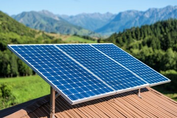 Canvas Print - In a lush green environment, solar panels harness sunlight for renewable energy on a rooftop.