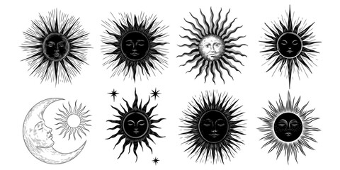 Wall Mural - Vector illustration set of moon phases. Different stages of moonlight activity in vintage engraving style. Zodiac Signs