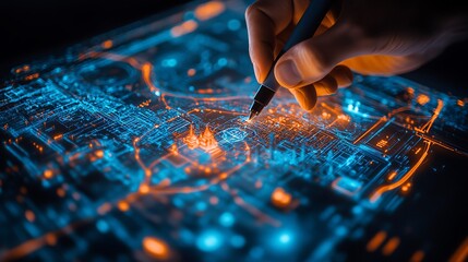 A person drawing on a digital map with a marker pen