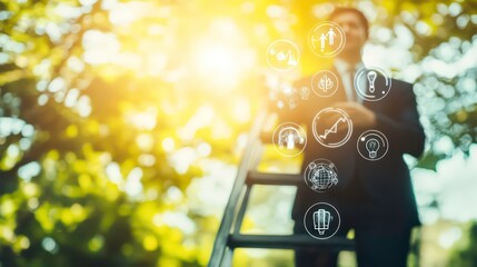 Aufkleber - A business professional climbs a ladder toward success while guiding an aspiring individual in a vibrant, inspiring environment filled with growth icons
