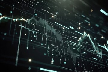 Poster - Financial data visualization, abstract digital graph with fluctuating lines and data points, representing market trends and analytics