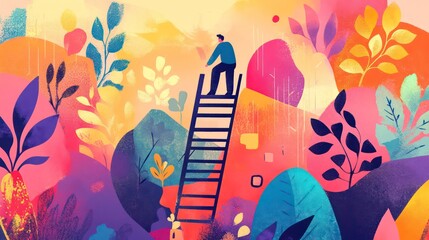Aufkleber - A man climbing a ladder in a colorful abstract landscape, symbolizing growth and progress.