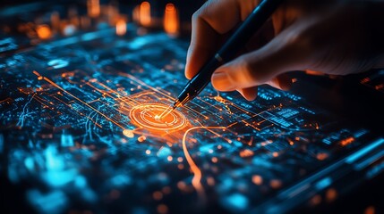 A person drawing on a digital map with a marker pen