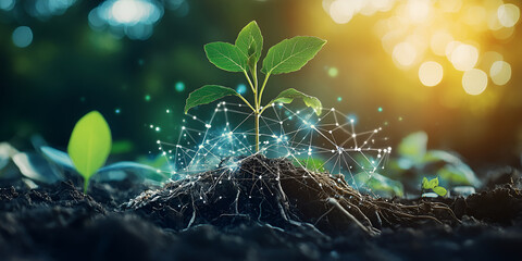 Poster - Seed of Innovation: A vibrant young plant bursts forth from rich soil, encircled by a futuristic network of glowing nodes, symbolizing growth, technology, and the promise of a brighter future.