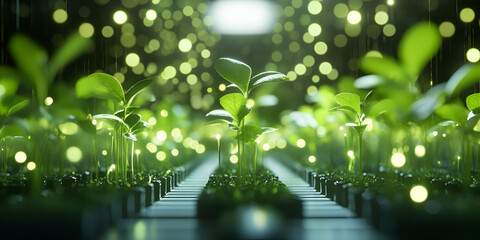 Wall Mural - Green Shoots of Hope: A mesmerizing display of vibrant green seedlings bathed in soft, luminous light, symbolizing growth, renewal, and the promise of a flourishing future.  