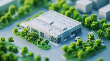 Poster - A low-poly model of a large building with a flat roof, surrounded by trees and a parking lot.